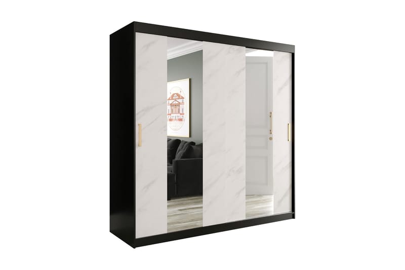 Marmuria Garderob med Speil Midt 200 cm Marmormønster - Svart/Hvit/Gull - Garderober & garderobesystem - Garderobeskap & klesskap