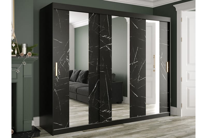 Marmuria Garderob med Speil Midt 250 cm Marmormønster - Svart - Garderober & garderobesystem - Garderobeskap & klesskap