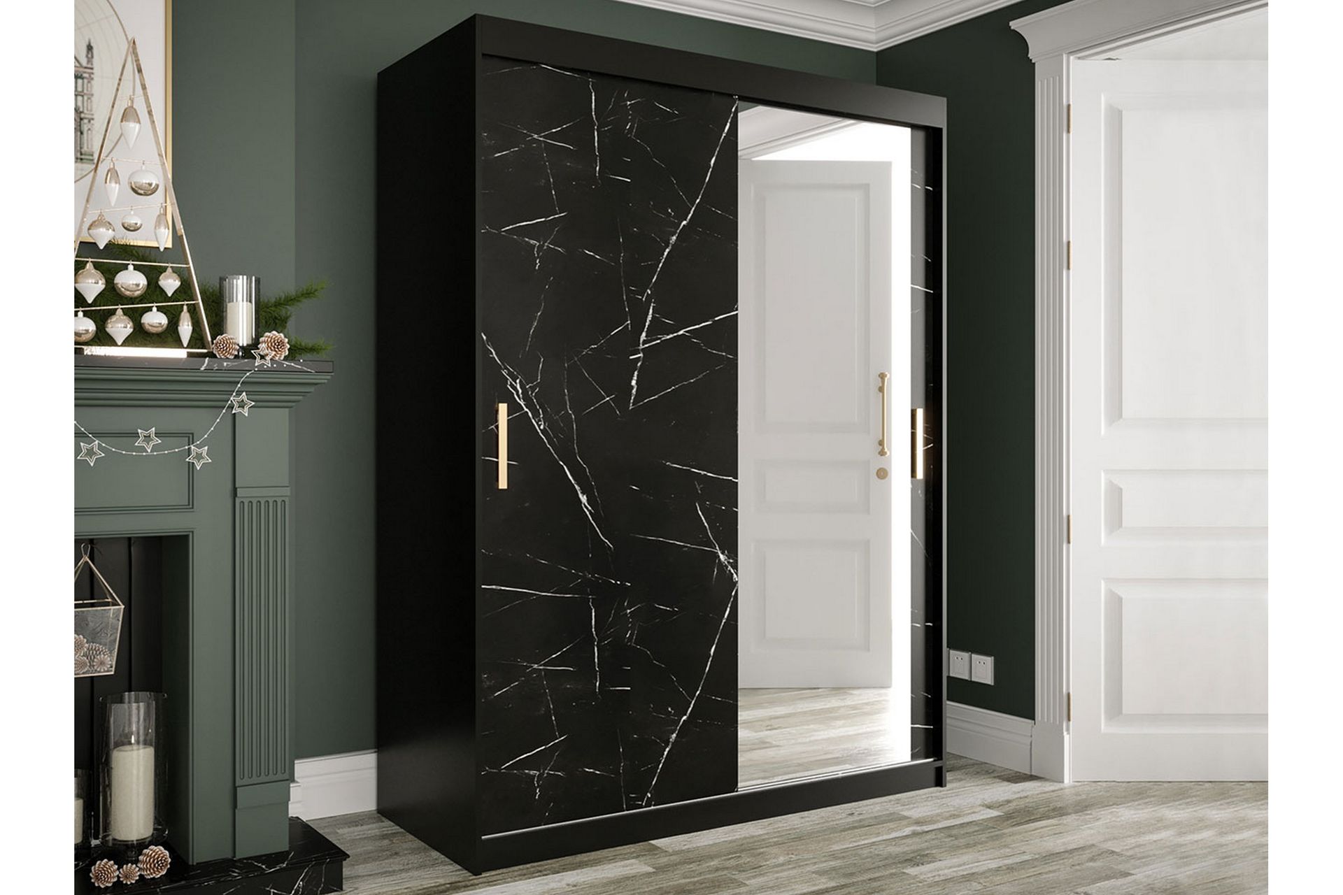 Marmuria Garderobe med Speil 150 cm Marmormønster - Svart - Oppbevaring - Klesoppbevaring - Garderober & garderobesystem