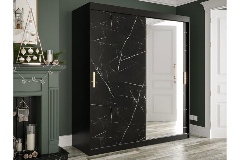Marmuria Garderobe med Speil 180 cm Marmormønster - Svart - Oppbevaring - Klesoppbevaring - Garderober & garderobesystem