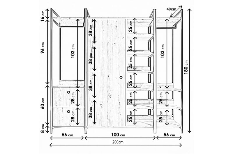 Meydani Garderob 200x40 cm - Natur / Svart - Oppbevaring - Klesoppbevaring - Garderober & garderobesystem
