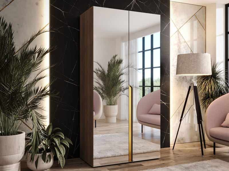 Milias garderobe med speil 100x202 cm - Brun/gull - Oppbevaring - Klesoppbevaring - Garderober & garderobesystem