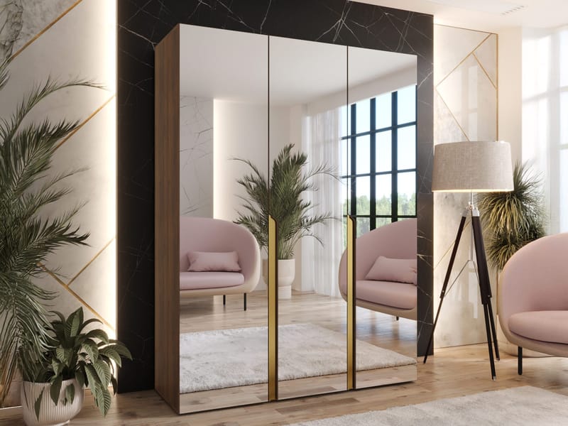 Milias garderobe med speil 150x202 cm - Brun/gull - Oppbevaring - Klesoppbevaring - Garderober & garderobesystem