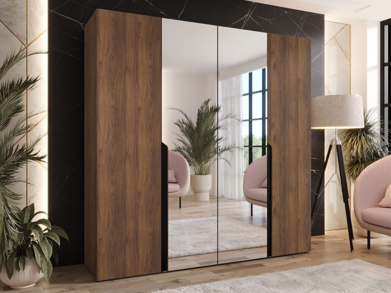 Milias garderobe med speil 200x202 cm - Brun/svart - Oppbevaring - Klesoppbevaring - Garderober & garderobesystem
