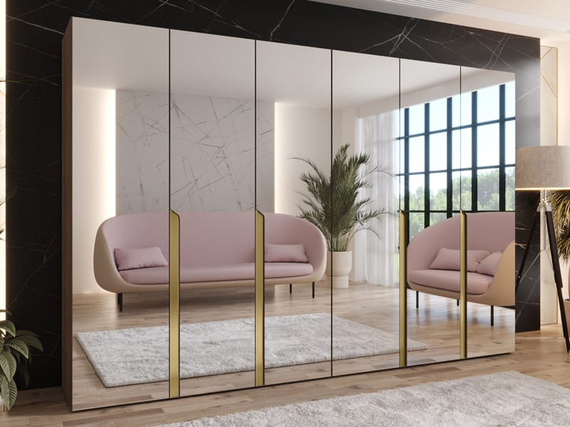 Milias garderobe med speil 300x202 cm - Brun/gull - Oppbevaring - Klesoppbevaring - Garderober & garderobesystem