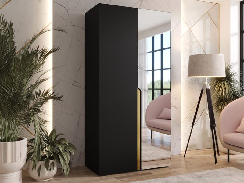 Milias Garderobeskap med speil 100x202 cm - Gull, svart - Oppbevaring - Klesoppbevaring - Garderober & garderobesystem