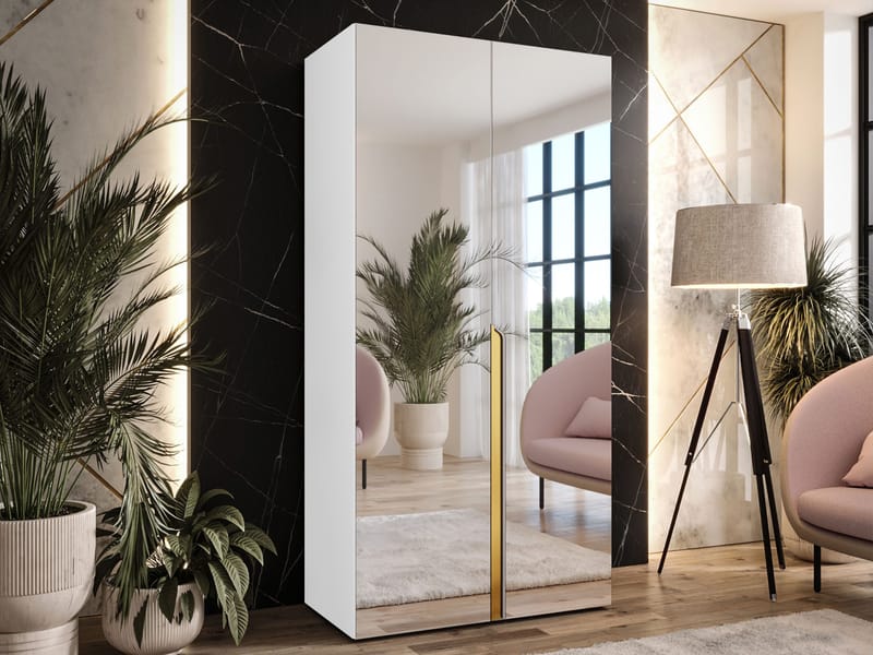 Milias Garderobeskap med speil 100x202 cm - hvit / gull - Oppbevaring - Klesoppbevaring - Garderober & garderobesystem