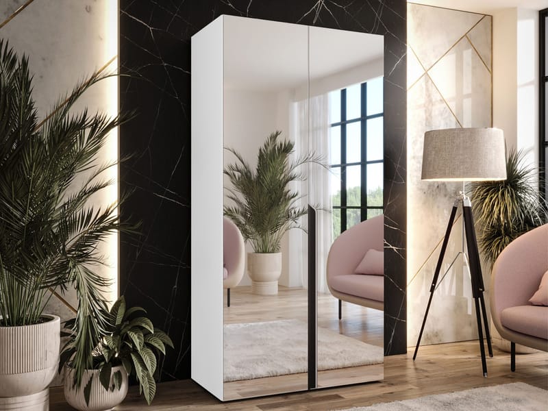 Milias Garderobeskap med speil 100x202 cm - hvit / svart - Oppbevaring - Klesoppbevaring - Garderober & garderobesystem