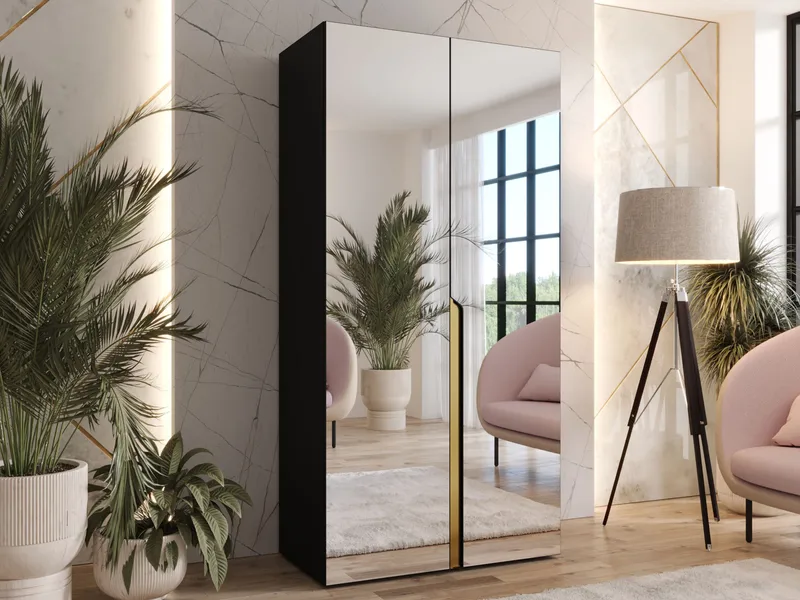 Milias Garderobeskap med speil 100x202 cm - svart / gull - Oppbevaring - Klesoppbevaring - Garderober & garderobesystem