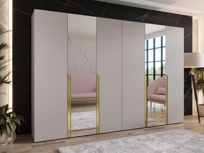 Milias Garderobeskap med speil 300x202 cm - beige / gull - Oppbevaring - Klesoppbevaring - Garderober & garderobesystem