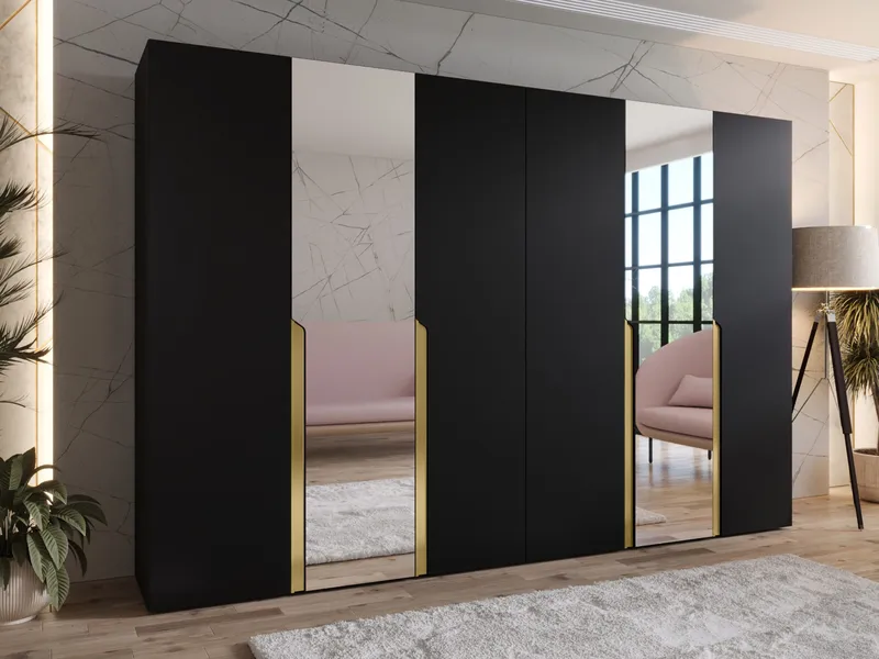 Milias Garderobeskap med speil 300x202 cm - svart / gull - Oppbevaring - Klesoppbevaring - Garderober & garderobesystem