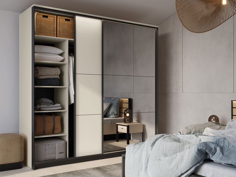 Navron Garderobeskapeskap med speil 220x221 cm - Beige - Oppbevaring - Klesoppbevaring - Garderober & garderobesystem