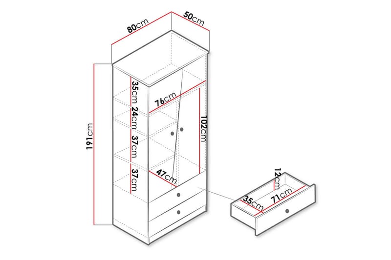 Nero Garderobe med Skuffer 80 cm i Eik - Hvit|Beige - Oppbevaring - Klesoppbevaring - Garderober & garderobesystem