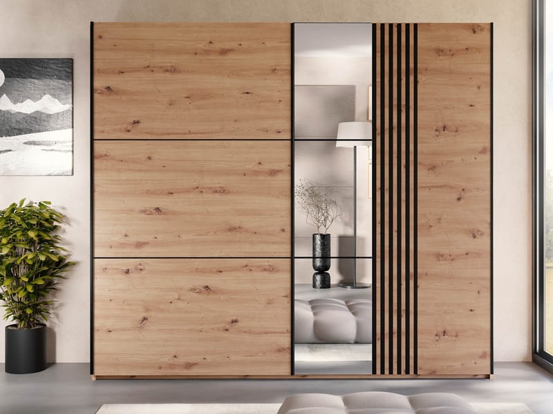 Osval Garderobeskapeskap med speil 250x215 cm - Brun/Svart - Oppbevaring - Klesoppbevaring - Garderober & garderobesystem