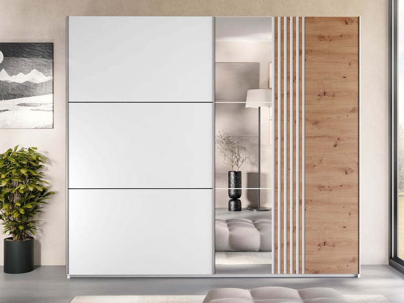 Osval Garderobeskapeskap med speil 250x215 cm - Hvit/Brun - Oppbevaring - Klesoppbevaring - Garderober & garderobesystem