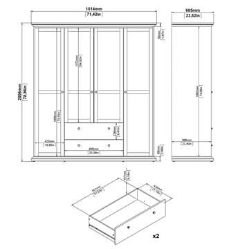 Paris Garderobe med 4 dører og 2 skuffer 181x61x201 cm - Oppbevaring - Klesoppbevaring - Garderober & garderobesystem - Garderobeskap & klesskap