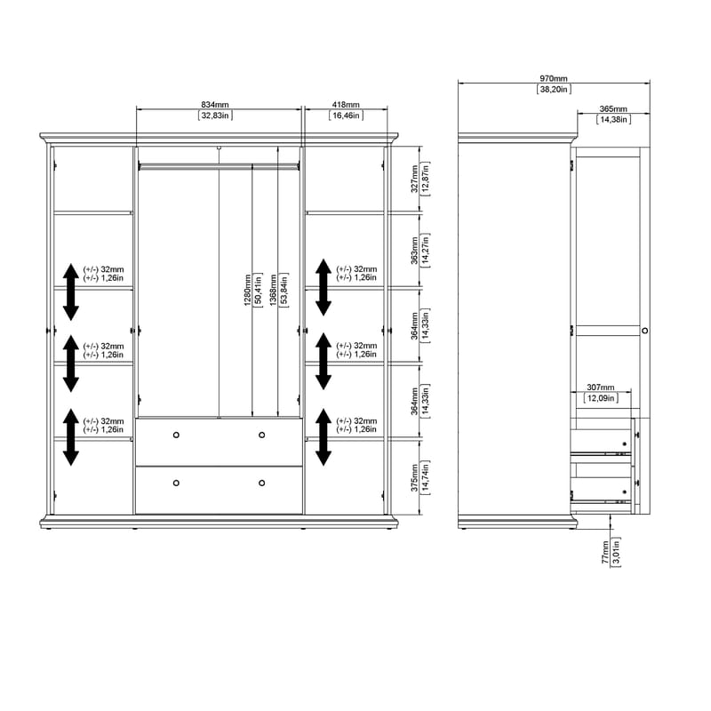 Paris Garderobe med 4 dører og 2 skuffer 181x61x201 cm - Oppbevaring - Klesoppbevaring - Garderober & garderobesystem - Garderobeskap & klesskap