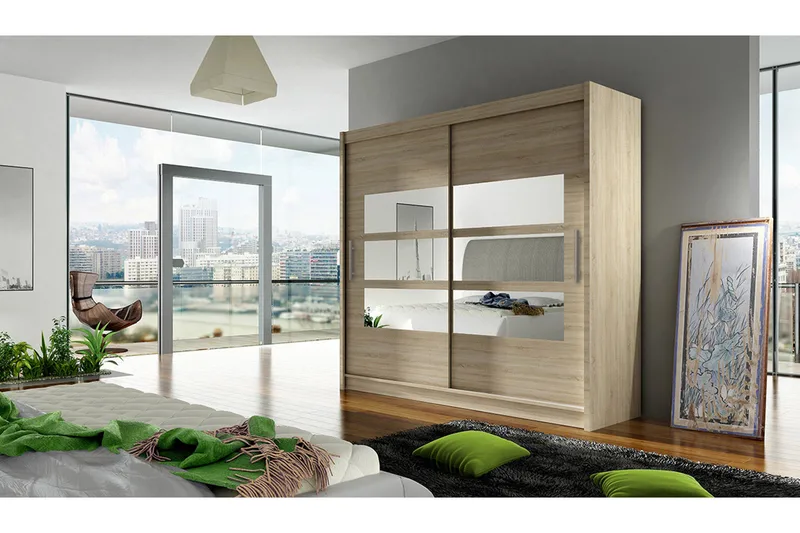 Prag Garderobe 180 cm Skyvedører Delt Speil - Eik - Oppbevaring - Klesoppbevaring - Garderober & garderobesystem