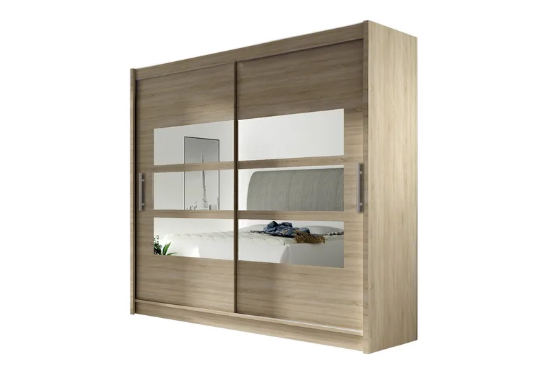 Prag Garderobe 180 cm Skyvedører Delt Speil, Eik