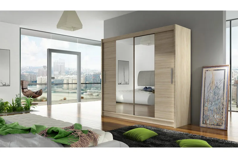 Prag Garderobe med Skyvedører Smal - Eik / Speil - Oppbevaring - Klesoppbevaring - Garderober & garderobesystem