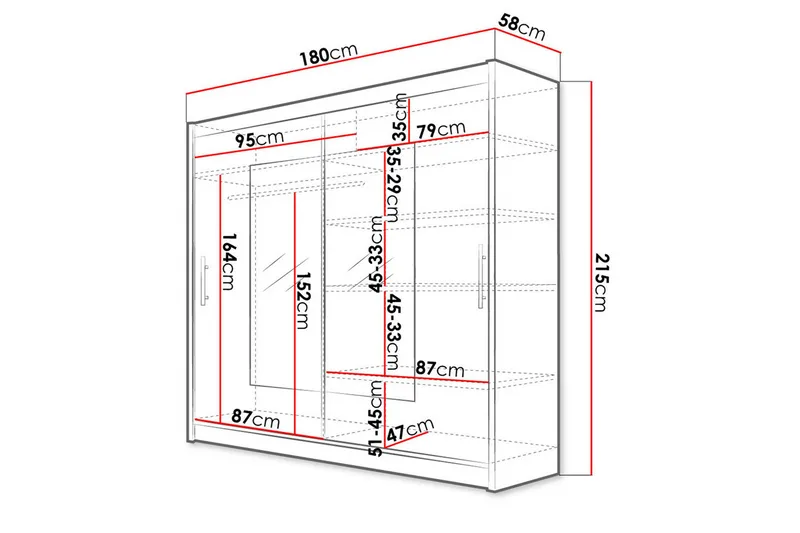 Prag Garderobe med Skyvedører Smal Firkantet Speil 180 cm - Hvit - Oppbevaring - Klesoppbevaring - Garderober & garderobesystem