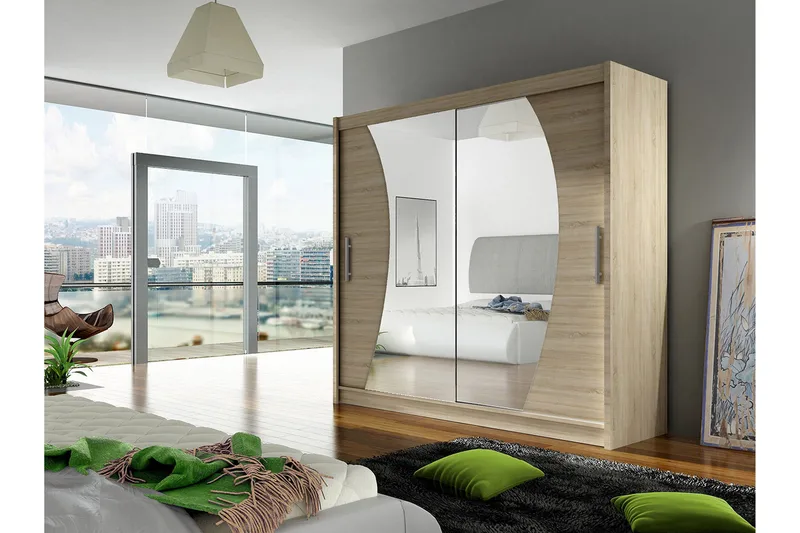 Prag Garderobe Skyvedører Bøyd Speil - Eik - Oppbevaring - Klesoppbevaring - Garderober & garderobesystem