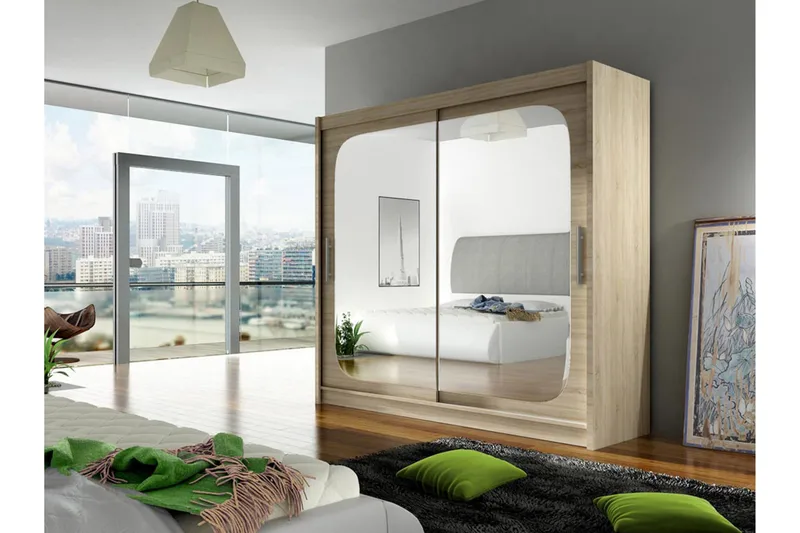 Prag Garderobe Skyvedører Firekantet Speil - Eik - Oppbevaring - Klesoppbevaring - Garderober & garderobesystem