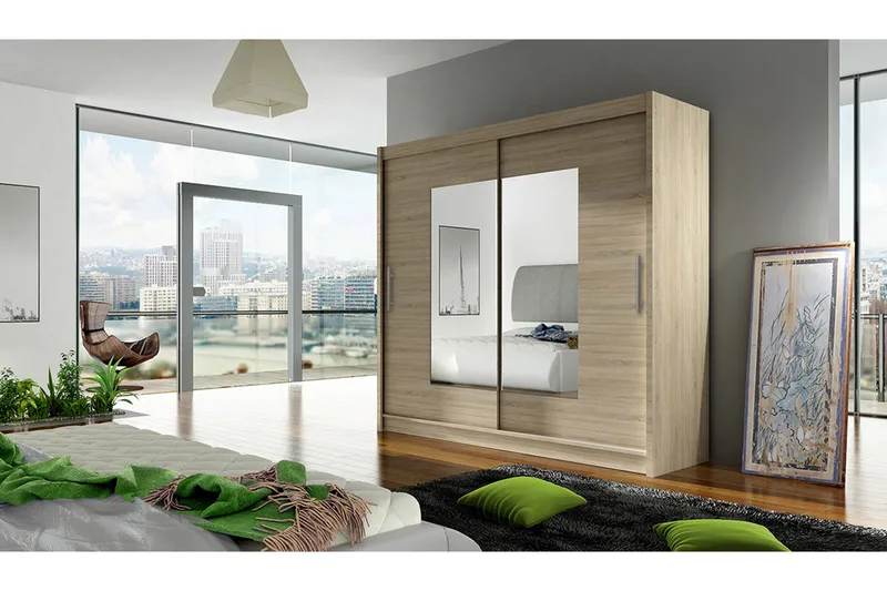 Prag Garderobe Skyvedører Smaltt Firekantet Speil - Eik - Oppbevaring - Klesoppbevaring - Garderober & garderobesystem