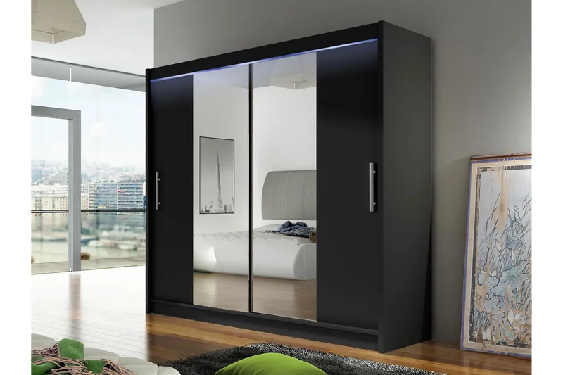 Prag Garderobeskap med Speil 180x215 cm - Svart - Oppbevaring - Klesoppbevaring - Garderober & garderobesystem