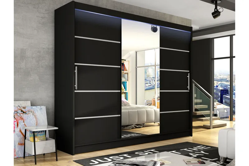 Sia Garderobe med Speil 250x215 cm - Svart - Oppbevaring - Klesoppbevaring - Garderober & garderobesystem