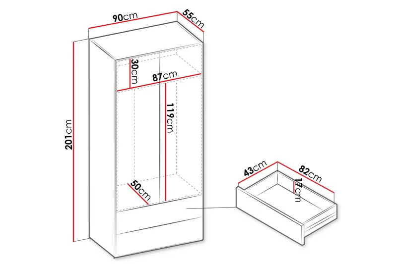 Sigmana Garderobeskap 90x201 cm - Lys Grå - Oppbevaring - Klesoppbevaring - Garderober & garderobesystem
