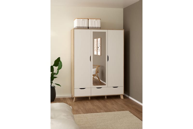 Sumita Garderobe med Speil 147x201 cm - Hvit/Natur - Oppbevaring - Klesoppbevaring - Garderober & garderobesystem