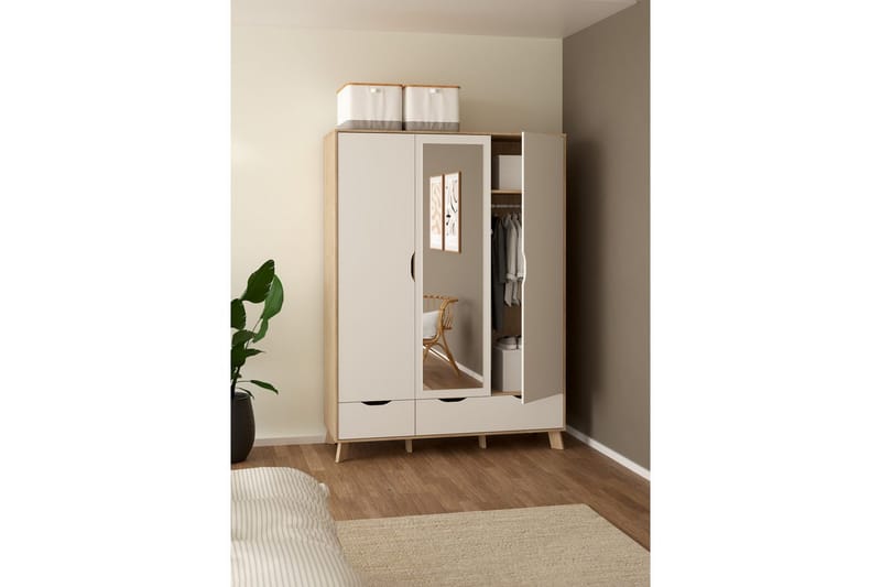 Sumita Garderobe med Speil 147x201 cm - Hvit/Natur - Oppbevaring - Klesoppbevaring - Garderober & garderobesystem