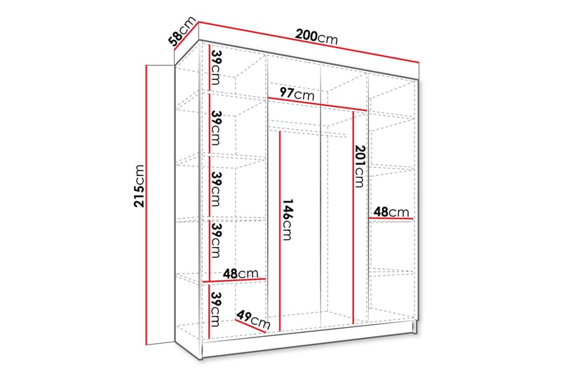 Vadstena Garderobe med Speil 200 cm - Hvit/Svart - Oppbevaring - Klesoppbevaring - Garderober & garderobesystem