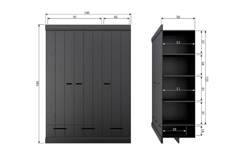 Varius Garderobe 140x53 cm 3 Dører - Furu/Svart - Oppbevaring - Klesoppbevaring - Garderober & garderobesystem