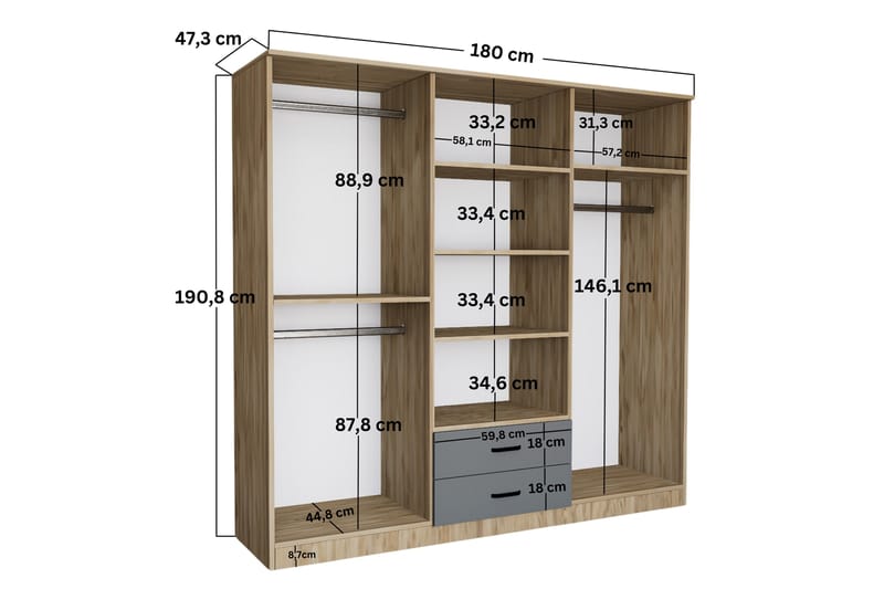 Yaman Garderobe 180x190 cm - Grå/Hvit - Oppbevaring - Klesoppbevaring - Garderober & garderobesystem