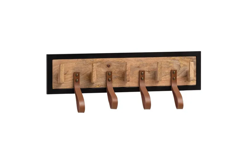 Garderobe Wohnling Vegghengt knaggrekke av massivt mangotre, 5 treknagger, 4 ekte lærstropper, undefined