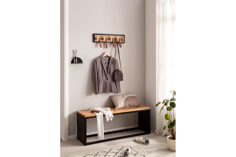 Garderobe Wohnling Vegghengt knaggrekke av massivt mangotre, 5 treknagger, 4 ekte lærstropper - Oppbevaring - Klesoppbevaring - Stumtjener - Knagger