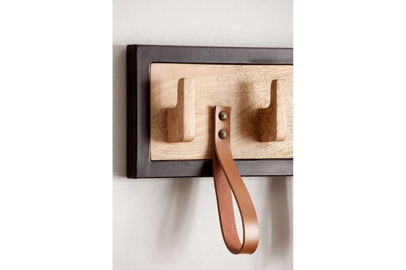 Garderobe Wohnling Vegghengt knaggrekke av massivt mangotre, 5 treknagger, 4 ekte lærstropper - Oppbevaring - Klesoppbevaring - Stumtjener - Knagger