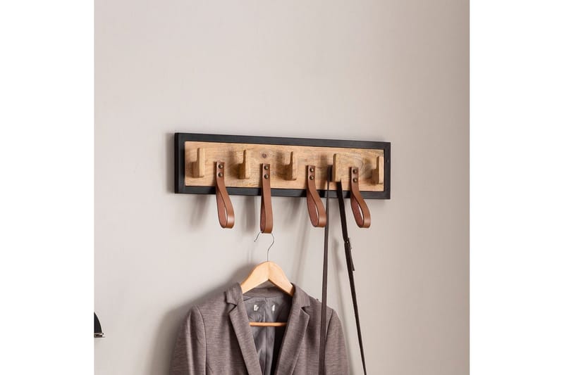 Garderobe Wohnling Vegghengt knaggrekke av massivt mangotre, 5 treknagger, 4 ekte lærstropper - Oppbevaring - Klesoppbevaring - Stumtjener - Knagger
