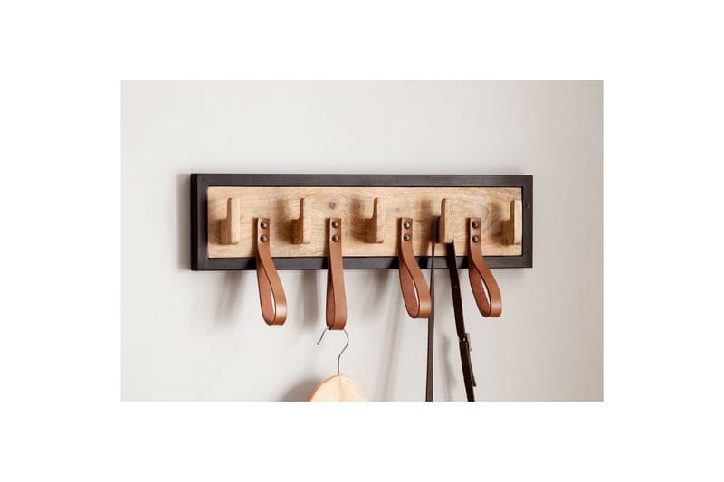 Garderobe Wohnling Vegghengt knaggrekke av massivt mangotre, 5 treknagger, 4 ekte lærstropper - Oppbevaring - Klesoppbevaring - Stumtjener - Knagger