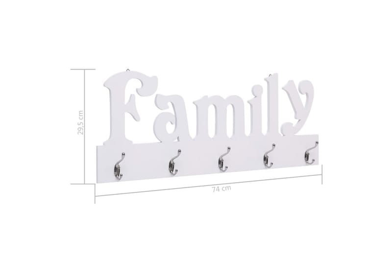 Veggmontert garderobepanel FAMILY 74x29,5 cm - Hvit - Oppbevaring - Klesoppbevaring - Stumtjener - Henge knagg