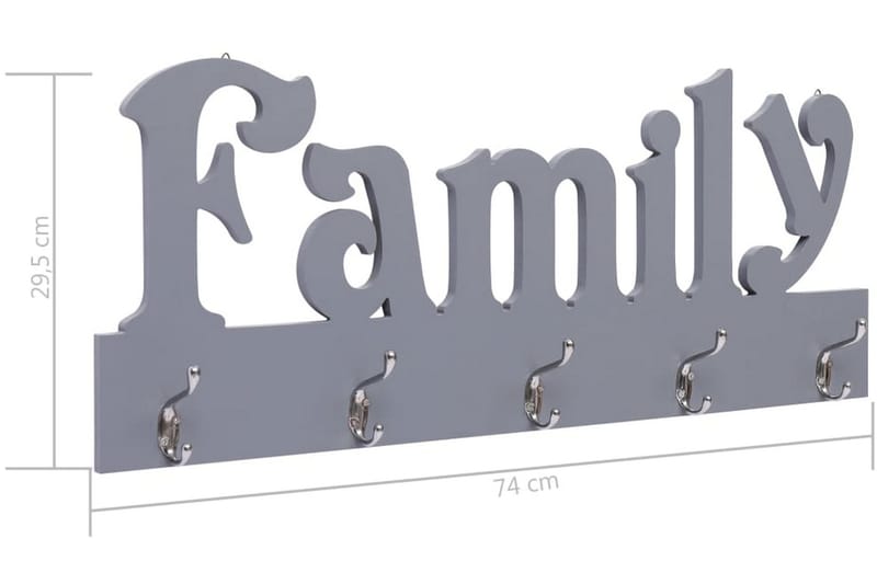 Veggmontert garderobepanel FAMILY grå 74x29,5 cm - Grå - Henge knagg - Stumtjener - Knagger