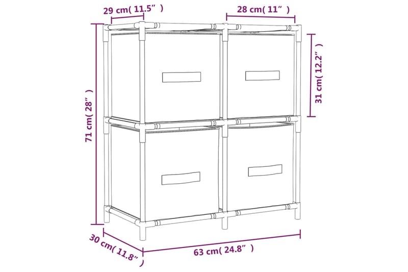 beBasic Oppbevaringsskap med 4 stoffkurver grå 63x30x71 cm stål - GrÃ¥ - Oppbevaringsbokser
