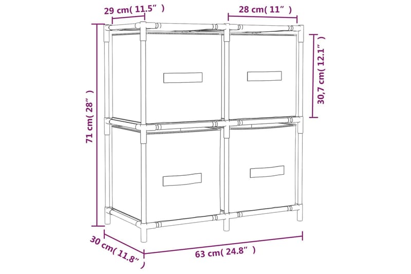 beBasic Oppbevaringsskap med 4 stoffkurver kremhvit 63x30x71 cm stål - Krem - Oppbevaring - Oppbevaring til småting - Oppbevaringsbokser