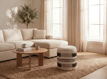 Virek rund sittepuff med oppbevaring i ullstoff - beige - Oppbevaring - Oppbevaring til småting - Kurver - Flettet kurv & rottingkurv