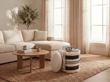 Virek rund sittepuff med oppbevaring i ullstoff - beige - Oppbevaring - Oppbevaring til småting - Kurver - Flettet kurv & rottingkurv