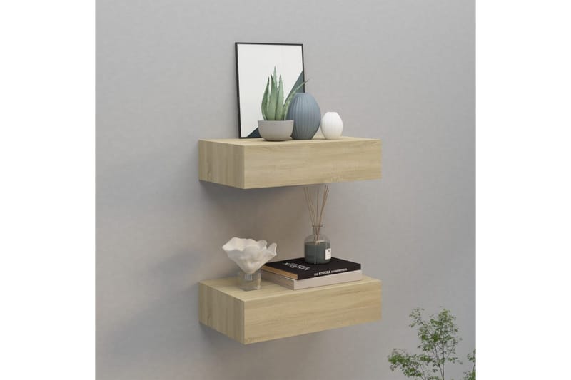 Veggmonterte skuffehyller 2 stk eik 40x23,5x10 cm MDF - Brun - Oppbevaring - Oppbevaring til småting - Oppbevaringsbokser