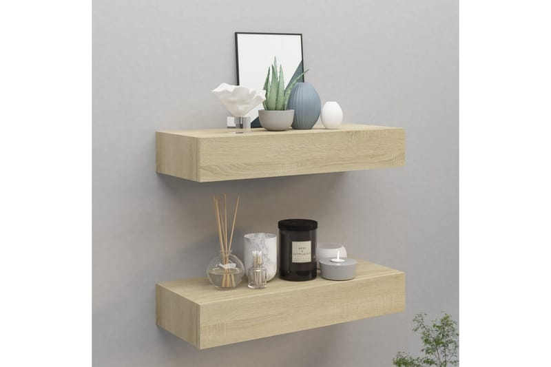 Veggmonterte skuffehyller 2 stk eik 60x23,5x10 cm MDF - Brun - Oppbevaring - Oppbevaring til småting - Oppbevaringsbokser