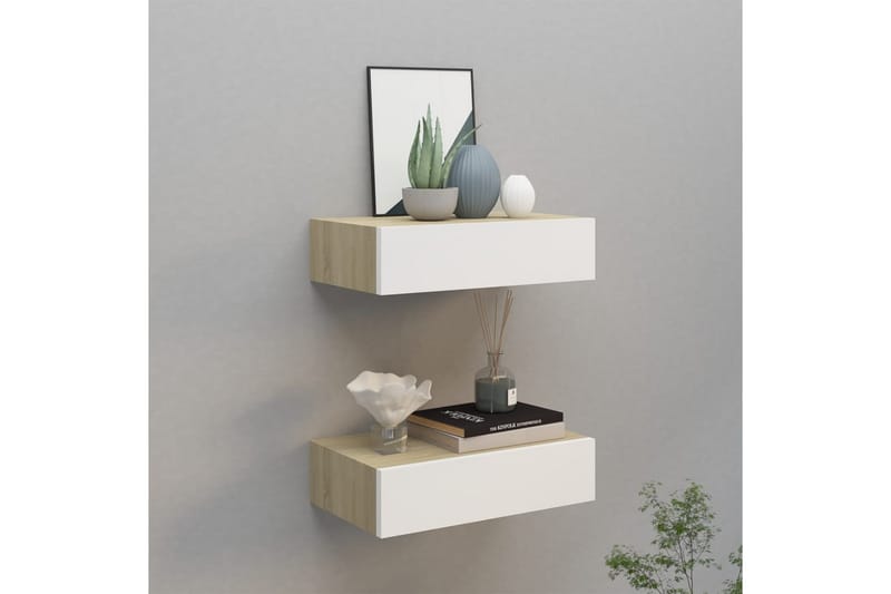 Veggmonterte skuffehyller 2 stk eik og 40x23,5x10 cm MDF - Grå - Oppbevaring - Oppbevaring til småting - Oppbevaringsbokser